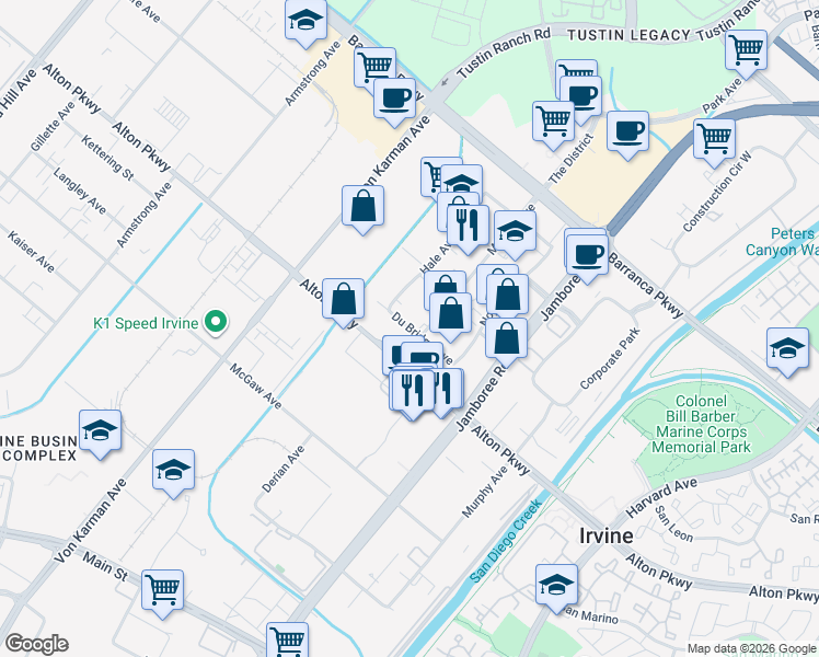map of restaurants, bars, coffee shops, grocery stores, and more near 16901 Millikan Avenue in Irvine