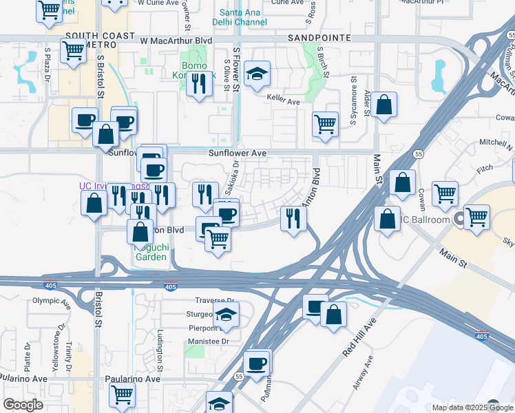 map of restaurants, bars, coffee shops, grocery stores, and more near 424 Enclave Circle in Costa Mesa