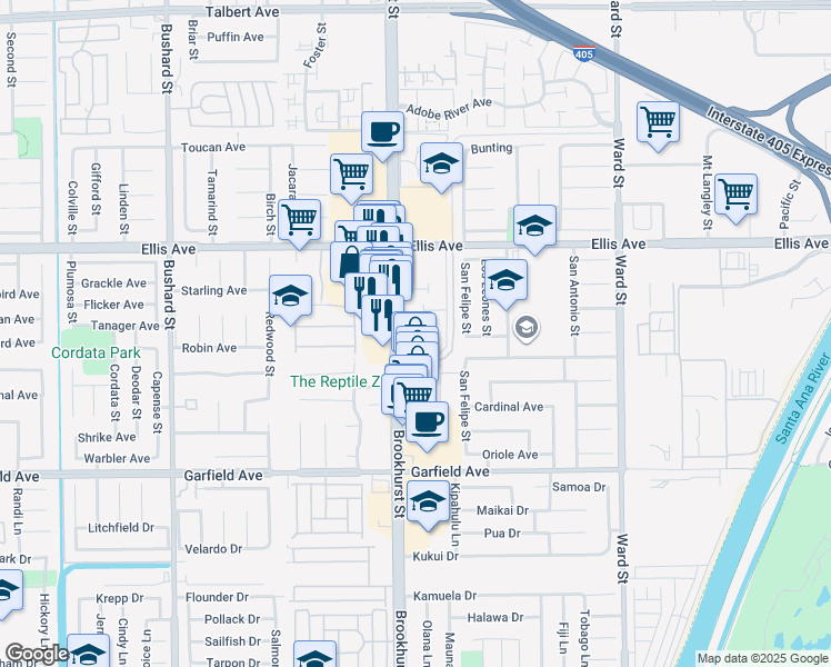 map of restaurants, bars, coffee shops, grocery stores, and more near 18643 Brookhurst Street in Fountain Valley