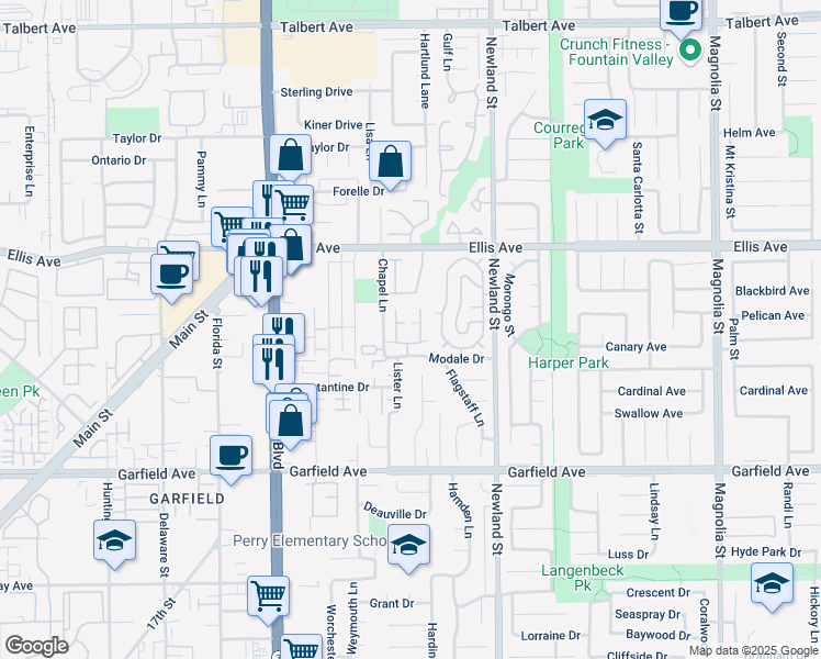 map of restaurants, bars, coffee shops, grocery stores, and more near 18741 Applewood Drive in Huntington Beach