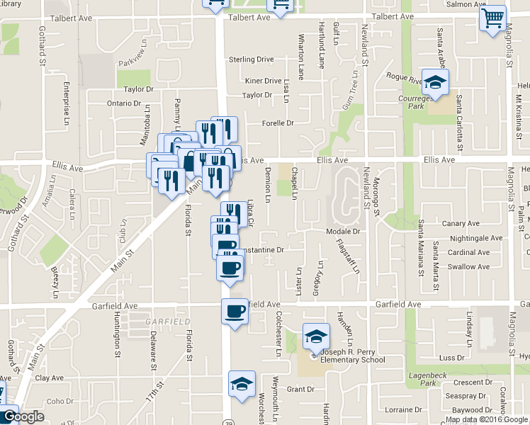 map of restaurants, bars, coffee shops, grocery stores, and more near 18672 Libra Circle in Huntington Beach