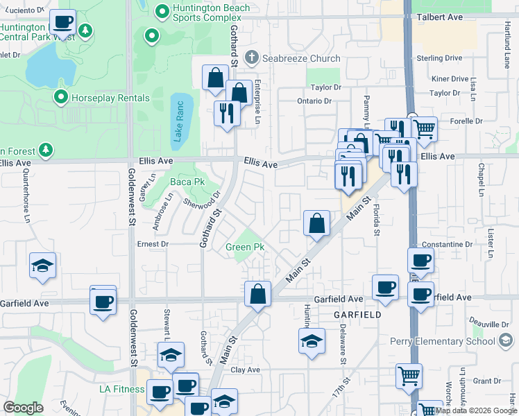 map of restaurants, bars, coffee shops, grocery stores, and more near 7426 Marisa Drive in Huntington Beach