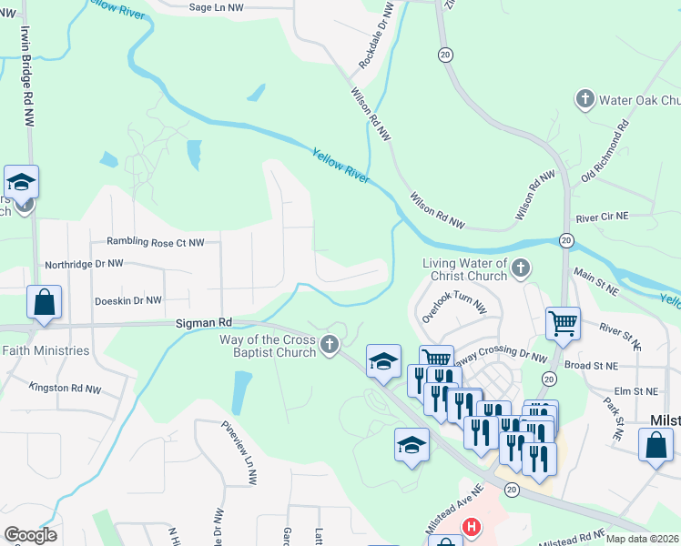 map of restaurants, bars, coffee shops, grocery stores, and more near 608 Upland Ridge Drive Northwest in Conyers