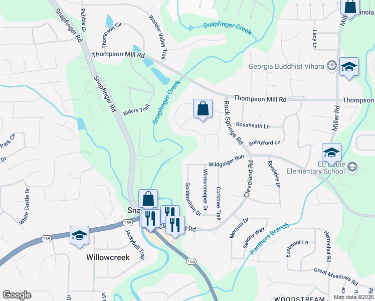 map of restaurants, bars, coffee shops, grocery stores, and more near 3152 Meadow Glade Court in Stonecrest