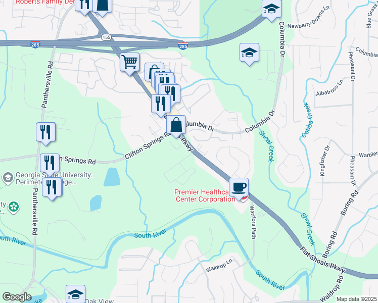 map of restaurants, bars, coffee shops, grocery stores, and more near 4025 Flat Shoals Parkway in Decatur