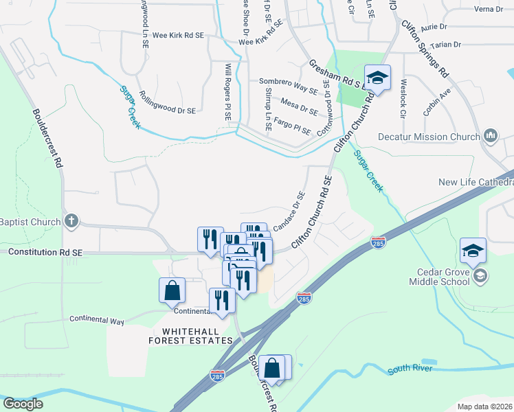 map of restaurants, bars, coffee shops, grocery stores, and more near 1966 Candace Lane Southeast in Atlanta