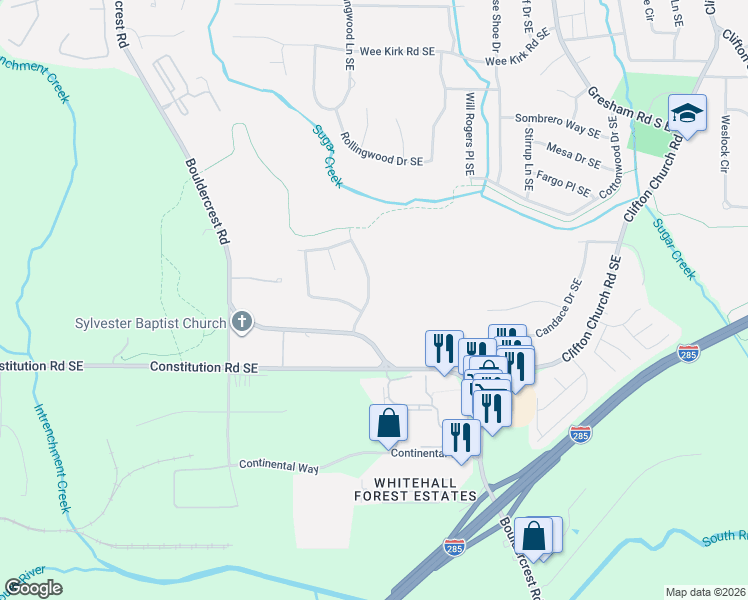 map of restaurants, bars, coffee shops, grocery stores, and more near 3198 Cherry Valley Drive Southeast in Atlanta