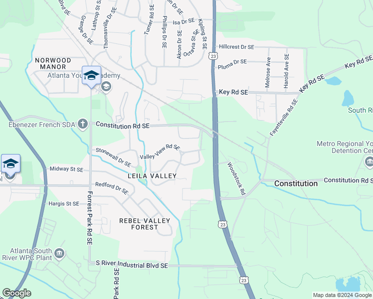 map of restaurants, bars, coffee shops, grocery stores, and more near 1086 Valley View Road Southeast in Atlanta