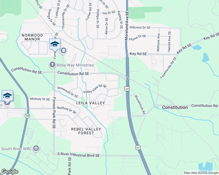 map of restaurants, bars, coffee shops, grocery stores, and more near 1086 Valley View Road Southeast in Atlanta