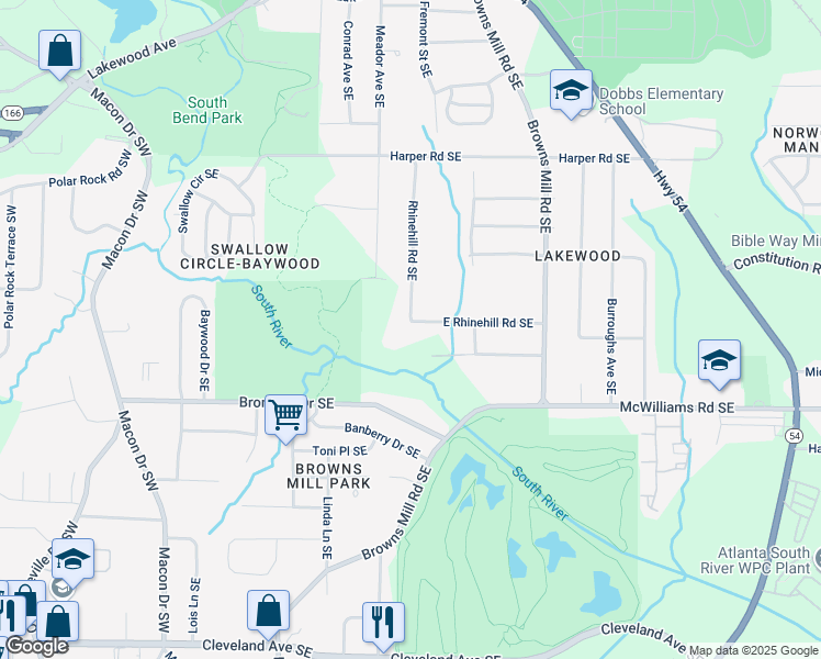 map of restaurants, bars, coffee shops, grocery stores, and more near 309 East Rhinehill Road Southeast in Atlanta
