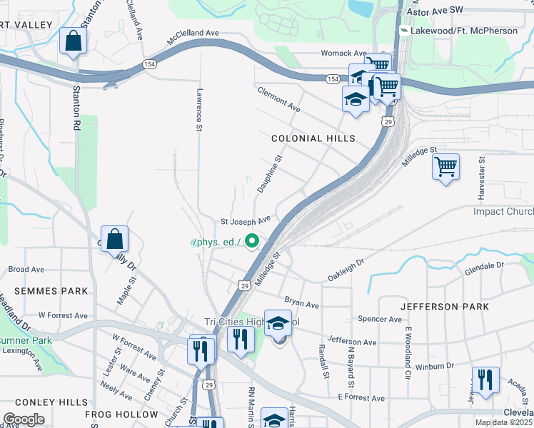 map of restaurants, bars, coffee shops, grocery stores, and more near 2327 Newnan Street in East Point
