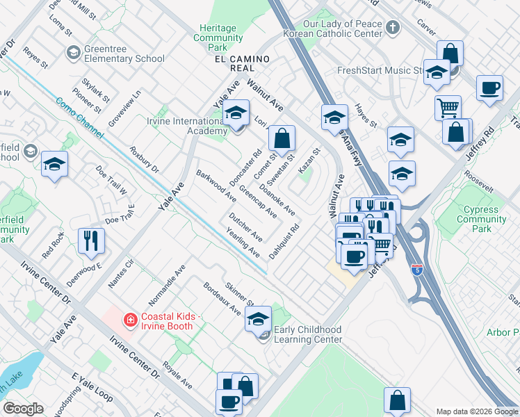 map of restaurants, bars, coffee shops, grocery stores, and more near 5052 Greencap Avenue in Irvine
