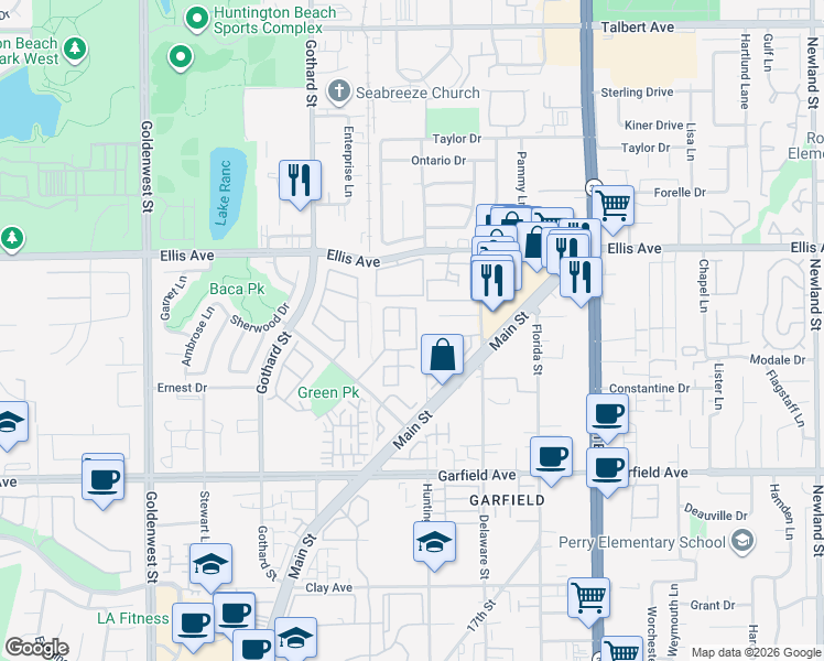 map of restaurants, bars, coffee shops, grocery stores, and more near 18635 Park Meadow Lane in Huntington Beach