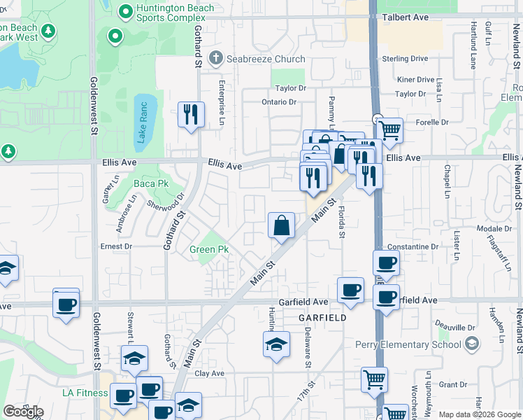 map of restaurants, bars, coffee shops, grocery stores, and more near 18635 Park Meadow Lane in Huntington Beach