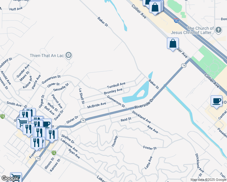 map of restaurants, bars, coffee shops, grocery stores, and more near Bromley Avenue in Lake Elsinore