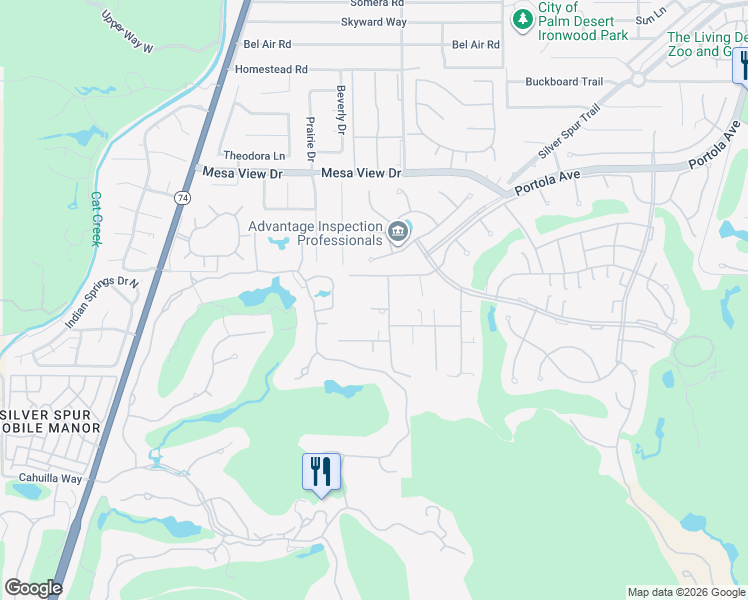 map of restaurants, bars, coffee shops, grocery stores, and more near 72860 Calle De La Silla in Palm Desert