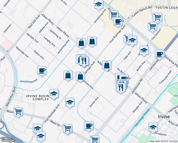 map of restaurants, bars, coffee shops, grocery stores, and more near 2200 Synergy in Irvine