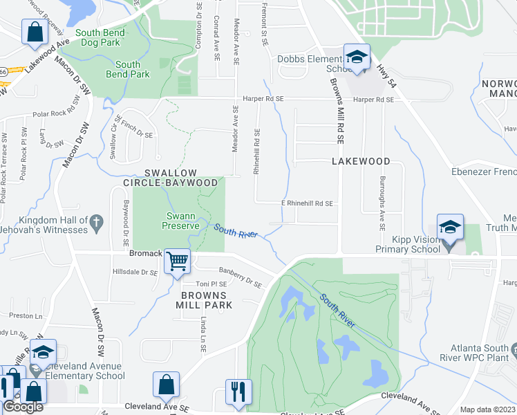 map of restaurants, bars, coffee shops, grocery stores, and more near 309 East Rhinehill Road Southeast in Atlanta