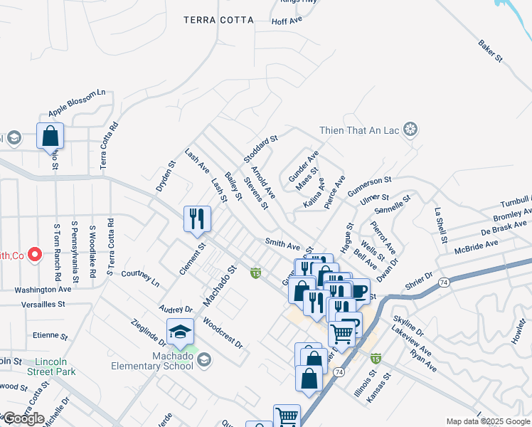 map of restaurants, bars, coffee shops, grocery stores, and more near in Lake Elsinore