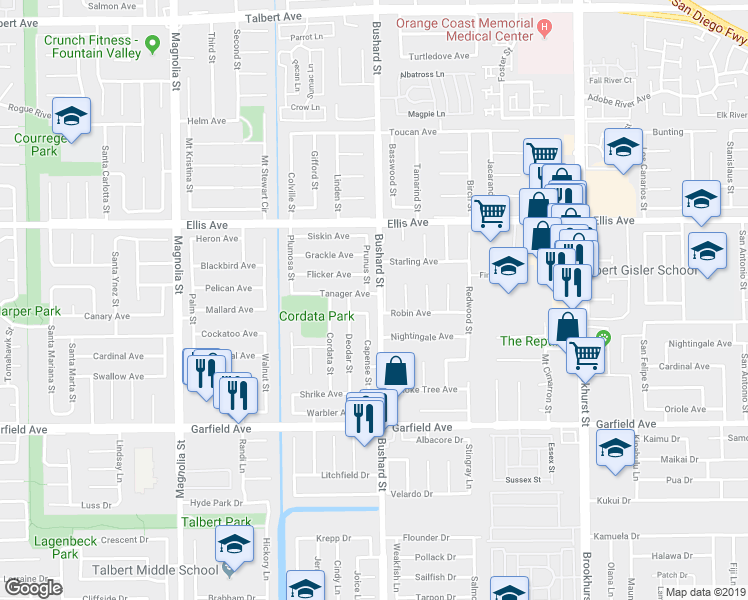 map of restaurants, bars, coffee shops, grocery stores, and more near 9490 Tanager Avenue in Fountain Valley