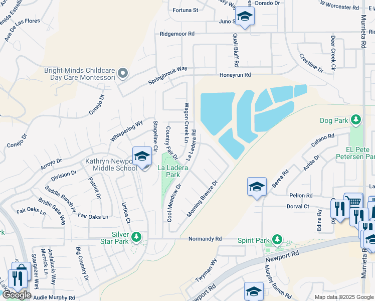 map of restaurants, bars, coffee shops, grocery stores, and more near 29544 Wagon Creek Lane in Menifee