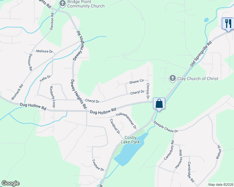map of restaurants, bars, coffee shops, grocery stores, and more near 5846 Cheryl Dr in Pinson