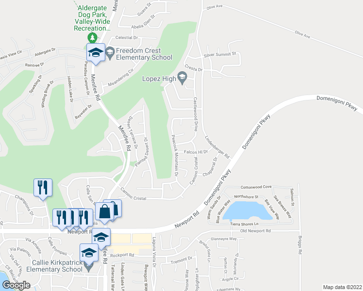 map of restaurants, bars, coffee shops, grocery stores, and more near 29694 Castlewood Drive in Menifee