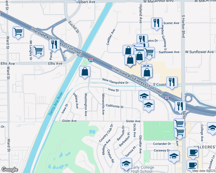 map of restaurants, bars, coffee shops, grocery stores, and more near 1723 New Hampshire Drive in Costa Mesa