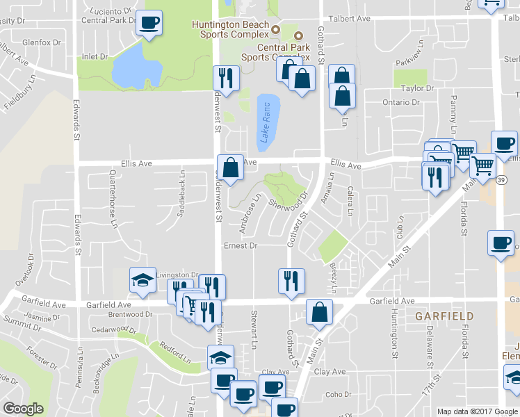 map of restaurants, bars, coffee shops, grocery stores, and more near 18707 Stratton Lane in Huntington Beach