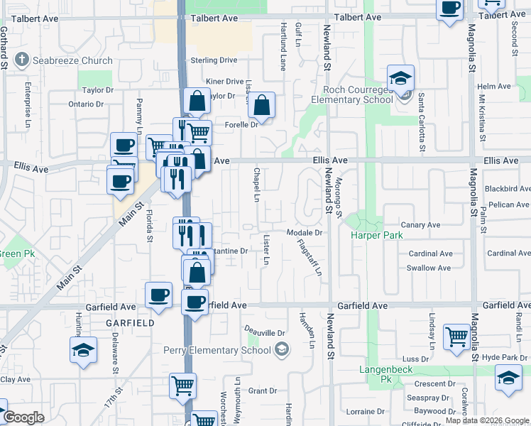 map of restaurants, bars, coffee shops, grocery stores, and more near 18683 Applewood Drive in Huntington Beach