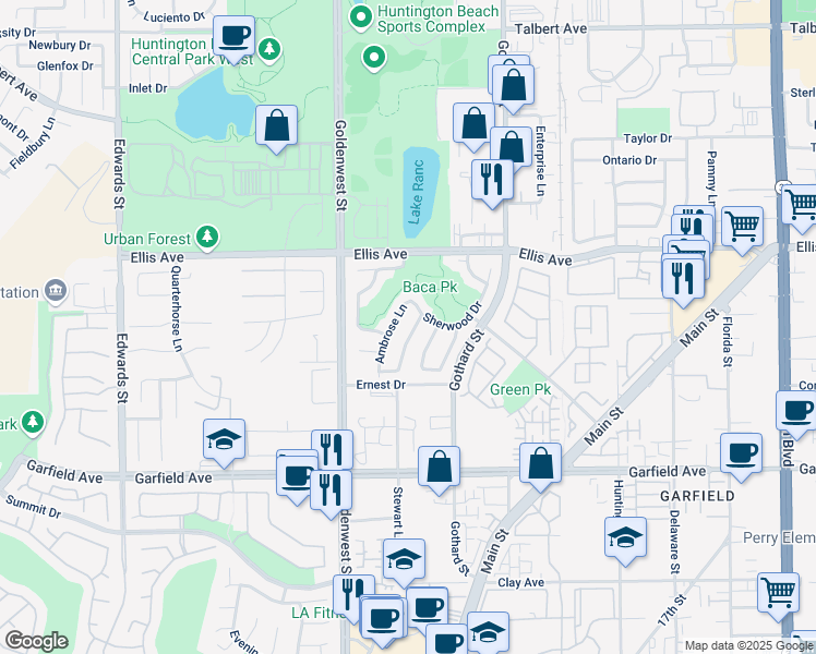 map of restaurants, bars, coffee shops, grocery stores, and more near 18707 Stratton Lane in Huntington Beach