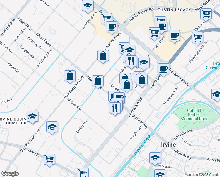 map of restaurants, bars, coffee shops, grocery stores, and more near 267 Du Bridge Avenue in Irvine