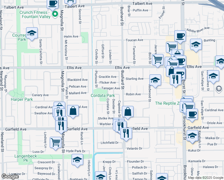 map of restaurants, bars, coffee shops, grocery stores, and more near 18701 Deodar Street in Fountain Valley