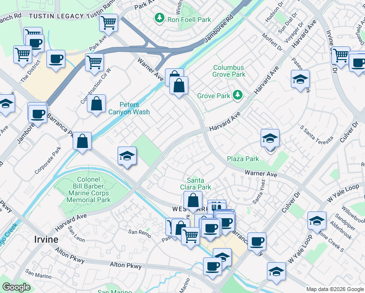 map of restaurants, bars, coffee shops, grocery stores, and more near 25 Marsala in Irvine