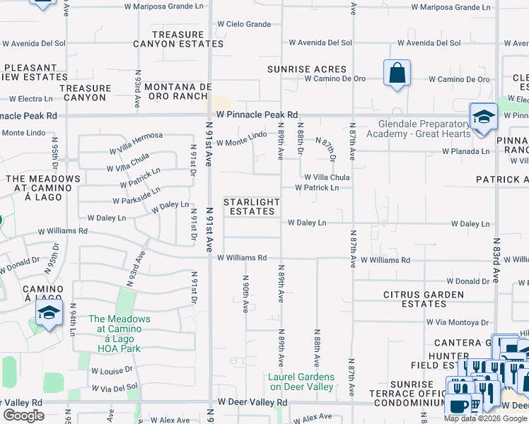 map of restaurants, bars, coffee shops, grocery stores, and more near 8944 West Daley Lane in Peoria