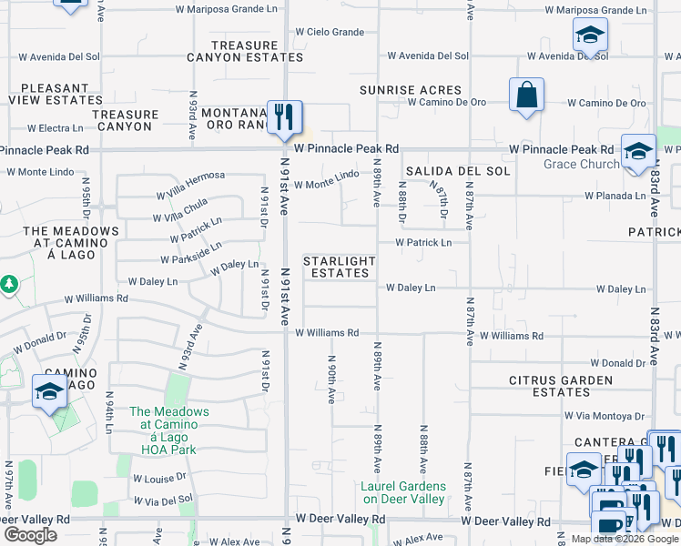 map of restaurants, bars, coffee shops, grocery stores, and more near 8944 West Daley Lane in Peoria