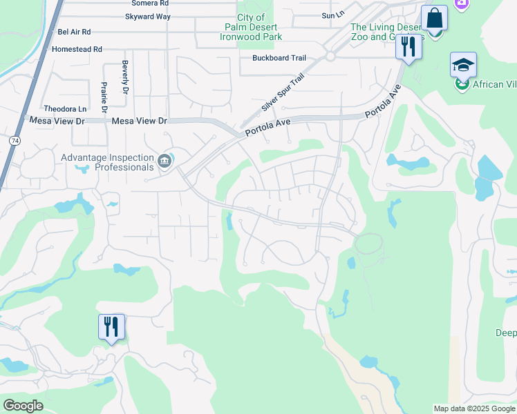 map of restaurants, bars, coffee shops, grocery stores, and more near 73356 Irontree Drive in Palm Desert