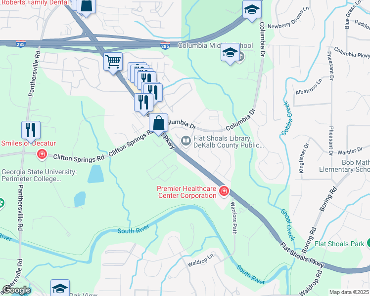 map of restaurants, bars, coffee shops, grocery stores, and more near 4022 Flat Shoals Parkway in Decatur