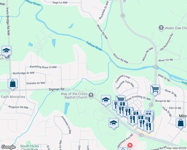map of restaurants, bars, coffee shops, grocery stores, and more near 608 Upland Ridge Drive Northwest in Conyers
