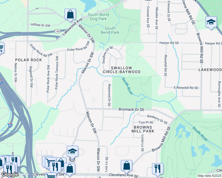 map of restaurants, bars, coffee shops, grocery stores, and more near 2326 Baywood Drive Southeast in Atlanta