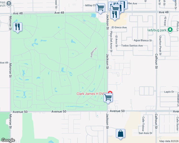 map of restaurants, bars, coffee shops, grocery stores, and more near 82791 Burnette Drive in Indio
