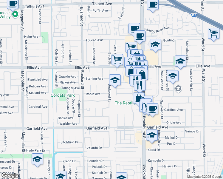 map of restaurants, bars, coffee shops, grocery stores, and more near 18688 Redwood Street in Fountain Valley