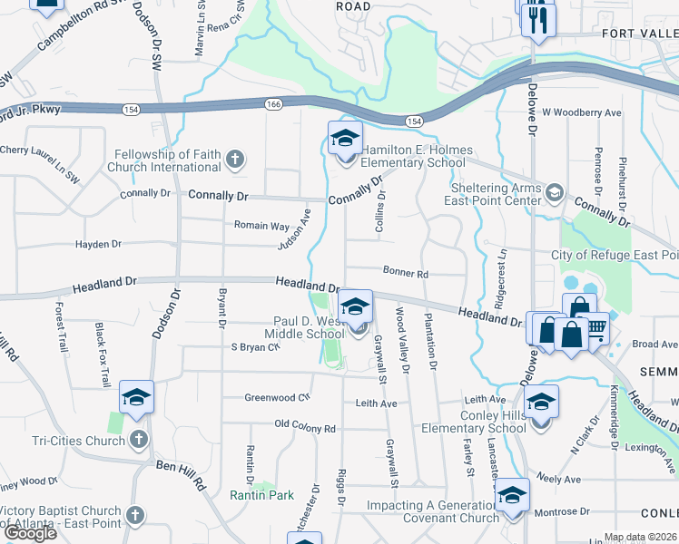 map of restaurants, bars, coffee shops, grocery stores, and more near 2343 Headland Terrace in East Point