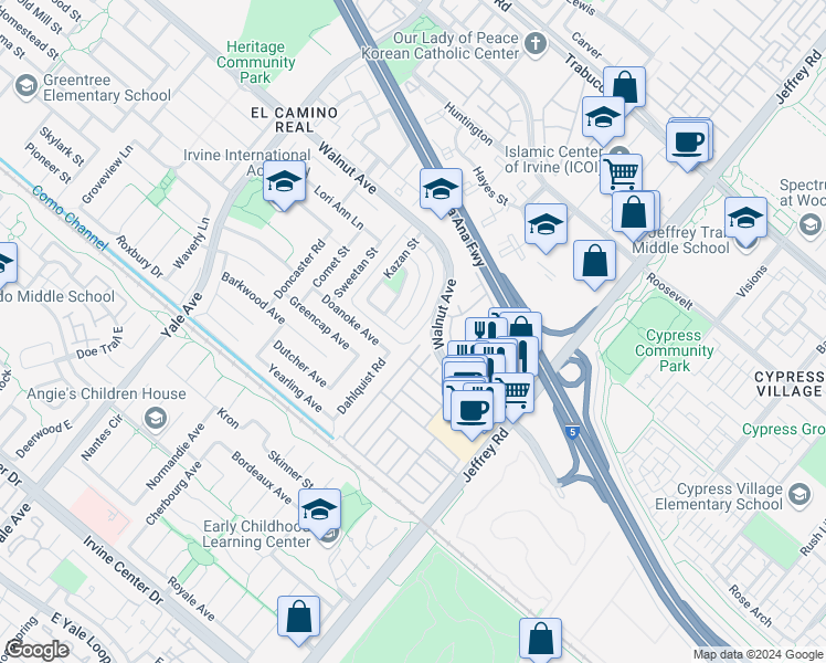 map of restaurants, bars, coffee shops, grocery stores, and more near 87 Elksford Avenue in Irvine