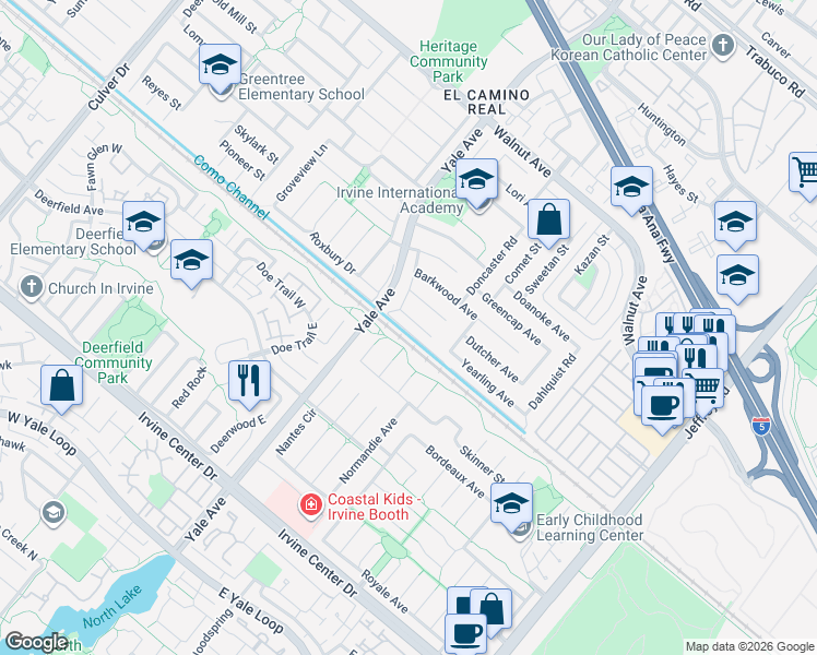 map of restaurants, bars, coffee shops, grocery stores, and more near 4852 Gainsport Circle in Irvine