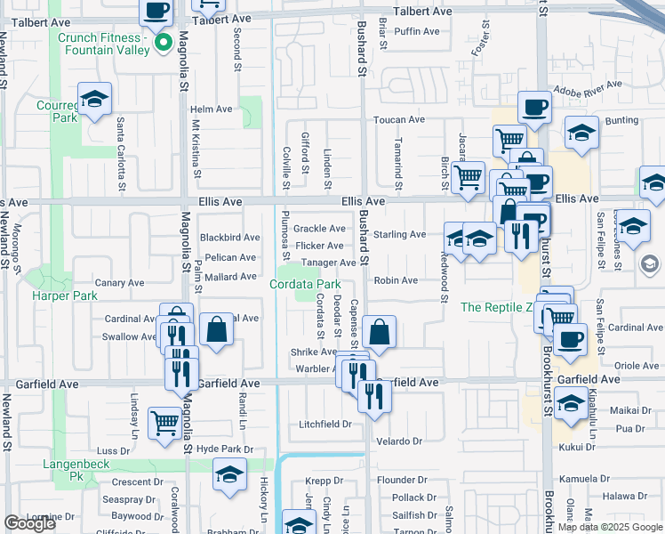 map of restaurants, bars, coffee shops, grocery stores, and more near 18701 Deodar Street in Fountain Valley