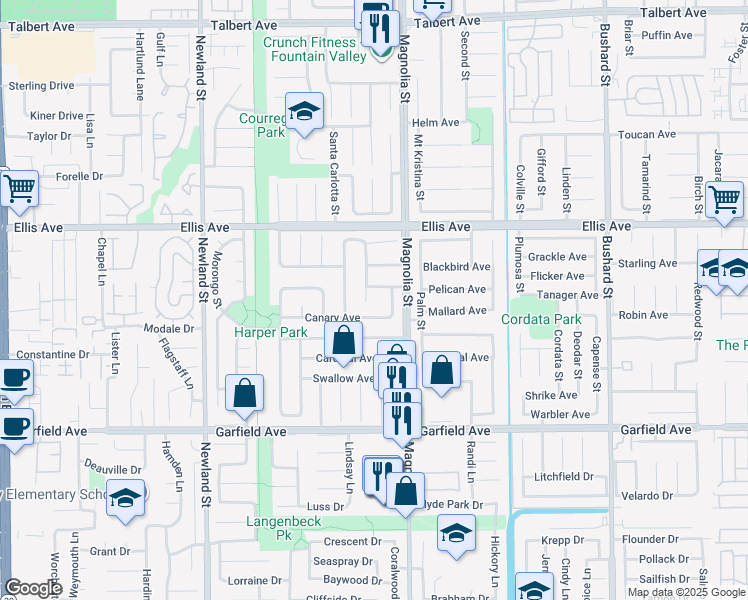 map of restaurants, bars, coffee shops, grocery stores, and more near 18673 Santa Ramona Street in Fountain Valley