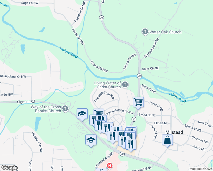 map of restaurants, bars, coffee shops, grocery stores, and more near 1660 Callaway Loop in Conyers