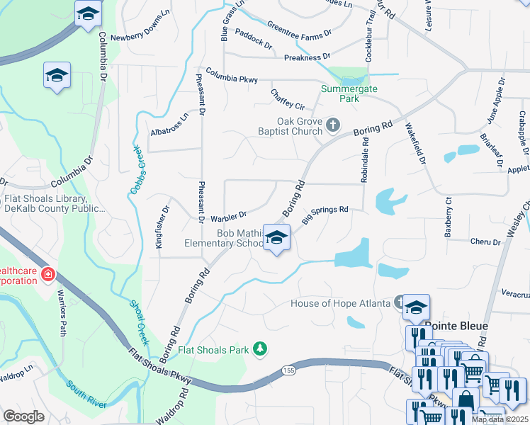 map of restaurants, bars, coffee shops, grocery stores, and more near 3587 Warbler Drive in Decatur
