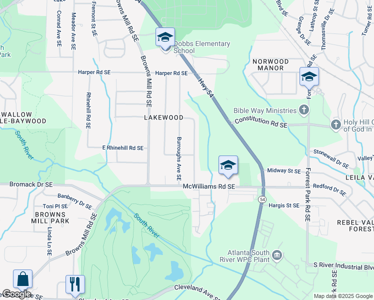 map of restaurants, bars, coffee shops, grocery stores, and more near 2368 Jernigan Place Southeast in Atlanta